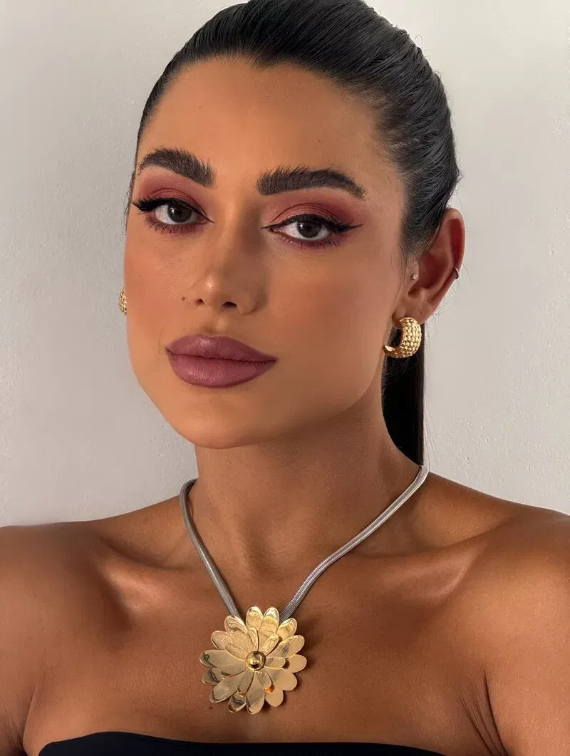 Colar Folheado a Ouro 18k e Prata Malha com Maxi Flor
