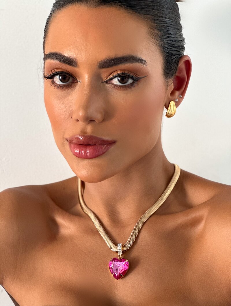 Colar Folheado a Ouro 18k e Prata Malha com Pingente Coração de Zircônia