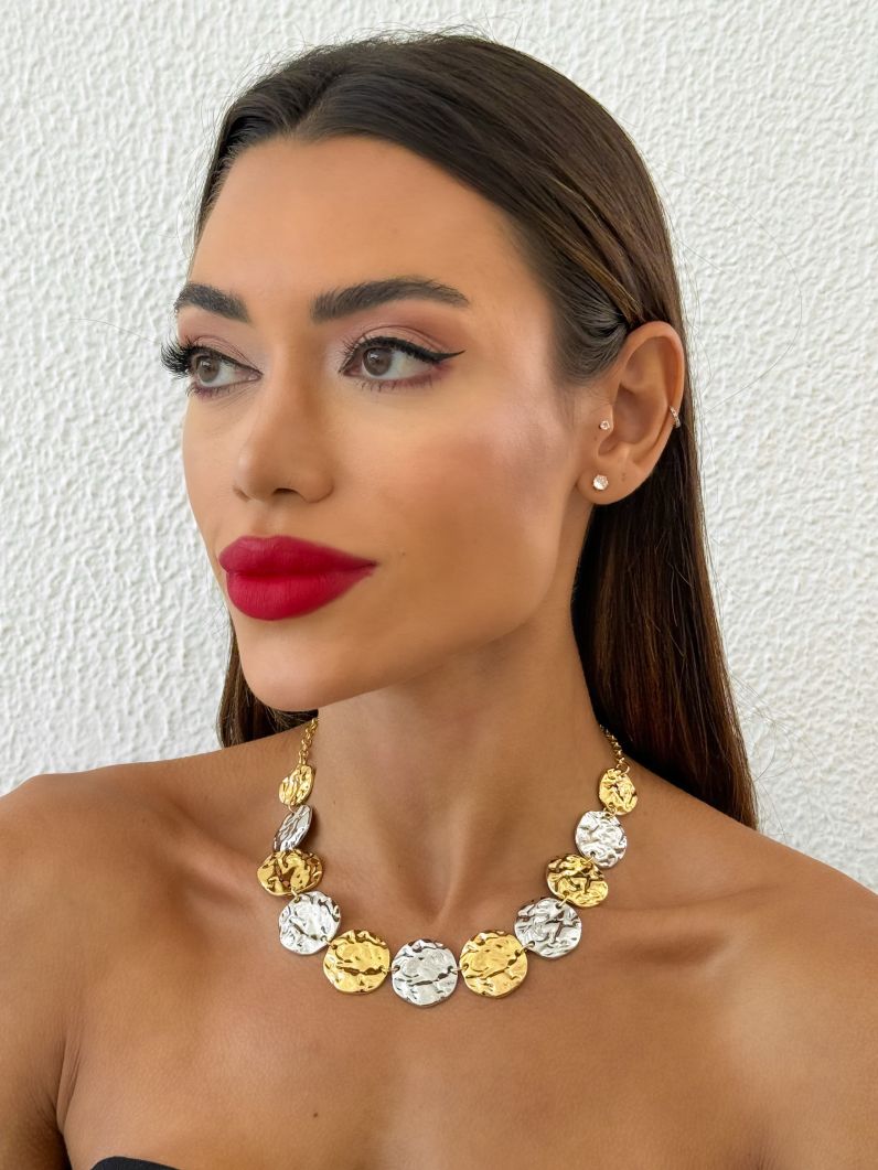 Colar Folheado a Ouro 18k e Prata Mix Banho Circulos Martelados