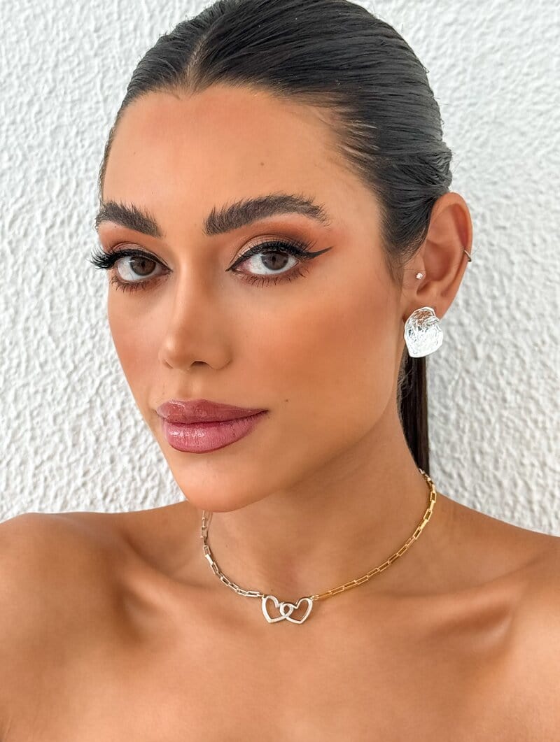 Colar Folheado a Ouro 18k e Prata Mix Banho Corrente Quadrada com Corações