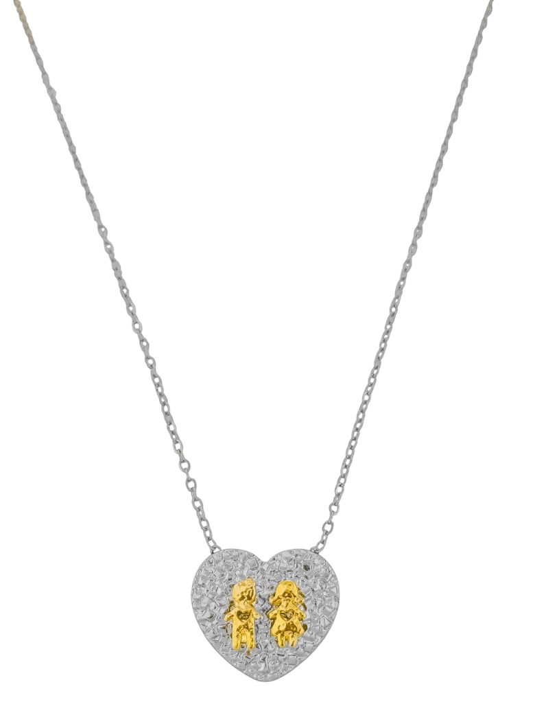 Colar Folheado a Ouro 18k e Prata Mix Banho Pingente Coração Martelado Com Crianças