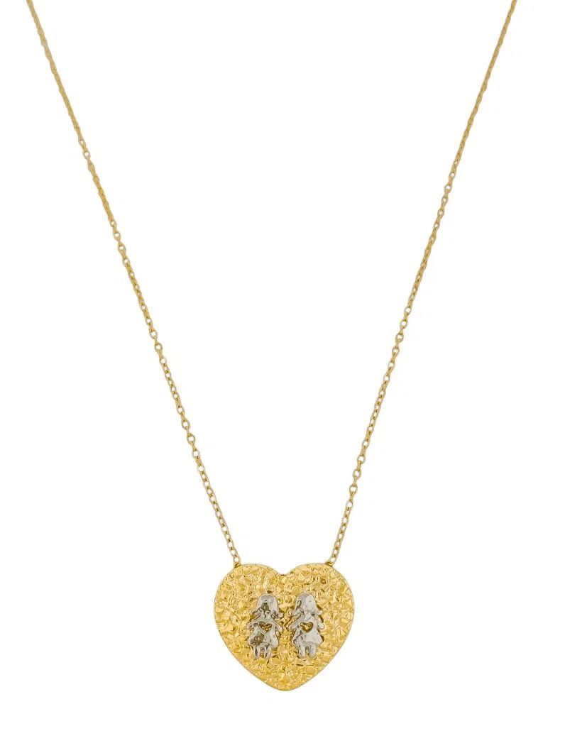 Colar Folheado a Ouro 18k e Prata Mix Banho Pingente Coração Martelado Com Crianças