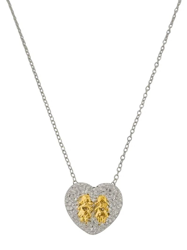 Colar Folheado a Ouro 18k e Prata Mix Banho Pingente Coração Martelado Com Crianças