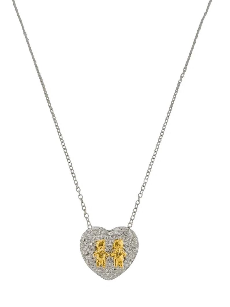Colar Folheado a Ouro 18k e Prata Mix Banho Pingente Coração Martelado Com Crianças