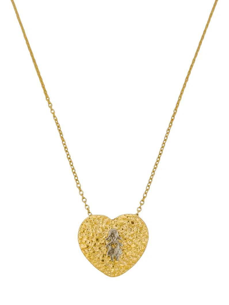 Colar Folheado a Ouro 18k e Prata Mix Banho Pingente Coração Martelado Com Crianças