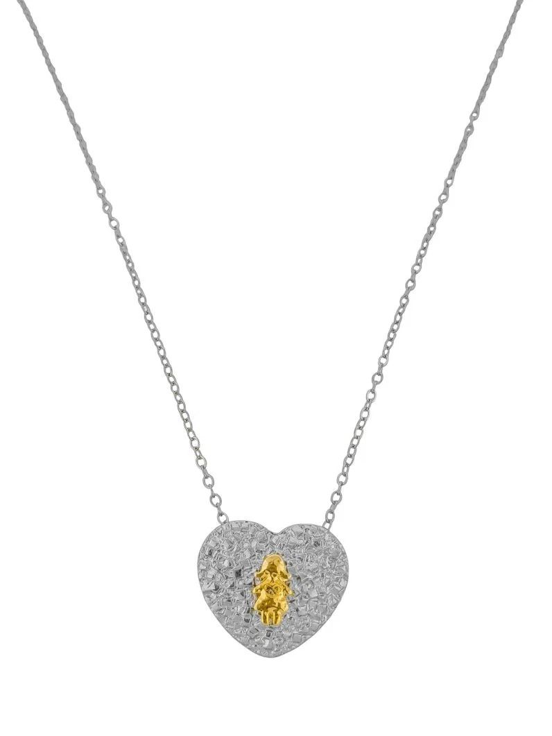 Colar Folheado a Ouro 18k e Prata Mix Banho Pingente Coração Martelado Com Crianças