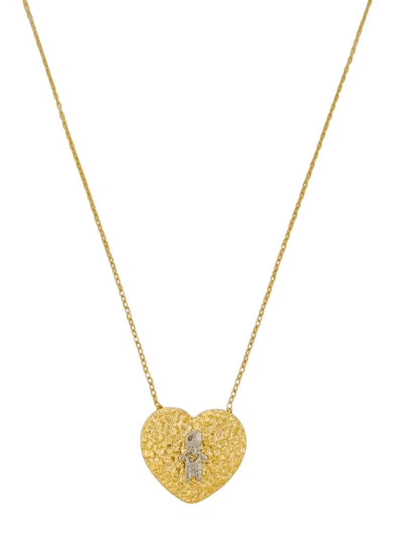 Colar Folheado a Ouro 18k e Prata Mix Banho Pingente Coração Martelado Com Crianças
