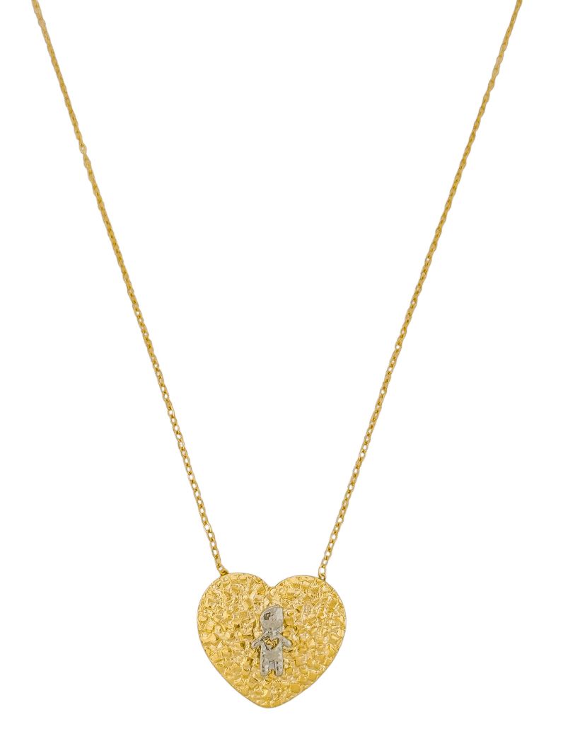 Colar Folheado a Ouro 18k e Prata Mix Banho Pingente Coração Martelado Com Menino