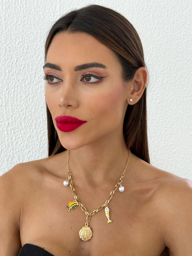 Colar Folheado a Ouro 18k e Prata Peixes, Pérolas e Concha