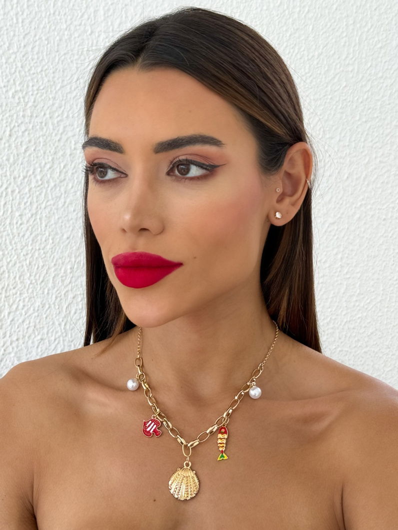 Colar Folheado a Ouro 18k e Prata Peixes, Pérolas e Concha