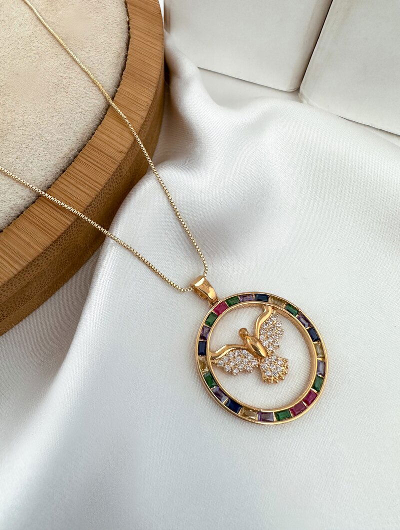 Colar Folheado a Ouro 18k e Prata Pingente Espírito Santo com Navetes