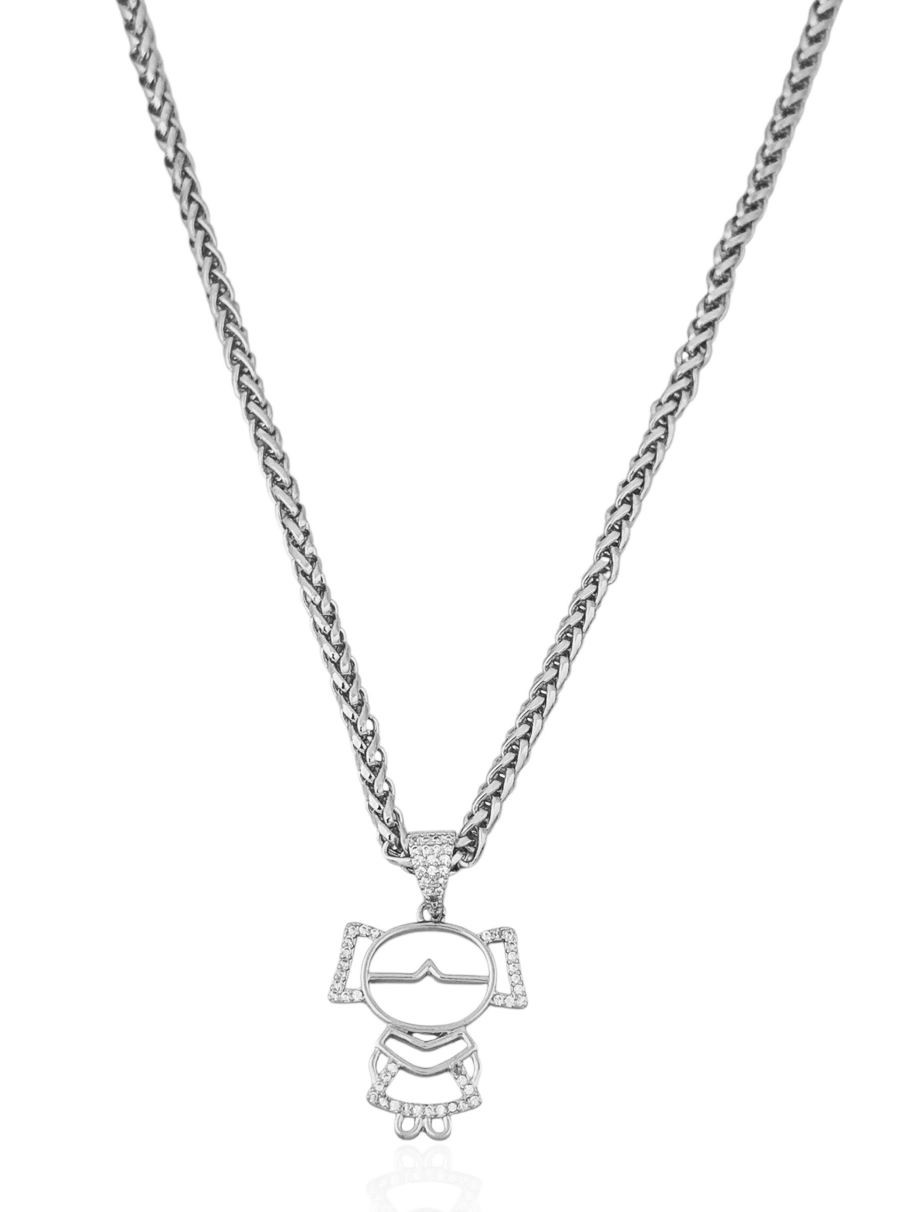 Colar Folheado a Ouro 18K e Prata Pingente Menina e Menino Cravejado