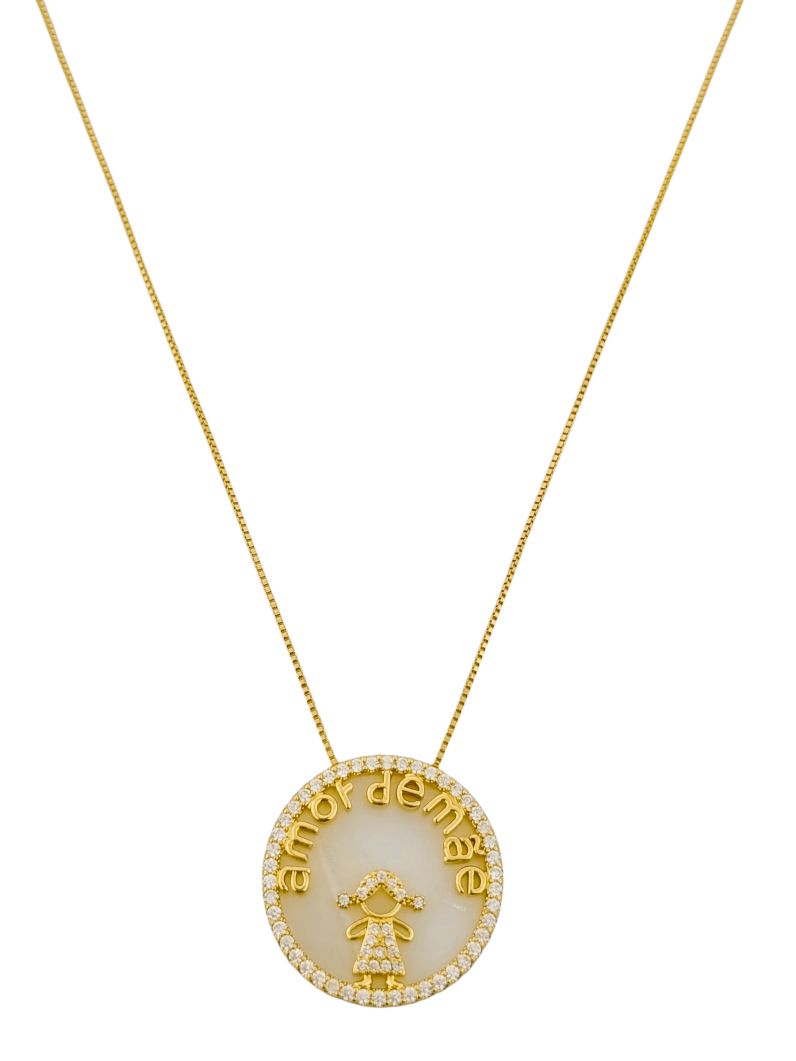 Colar Folheado a Ouro 18k e Prata Pingente Resinado e Cravejado 'Amor de Mãe' Criança