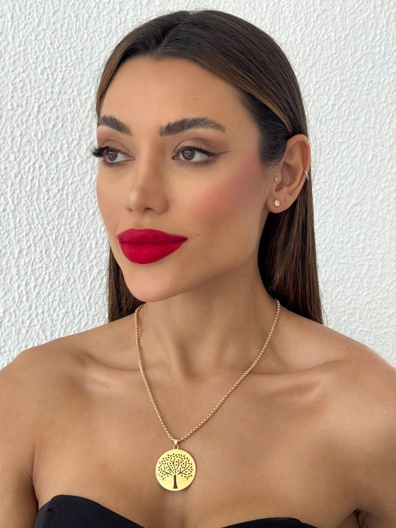 Colar Folheado a Ouro 18k e Prata Placa Lisa Com Árvore Vazada