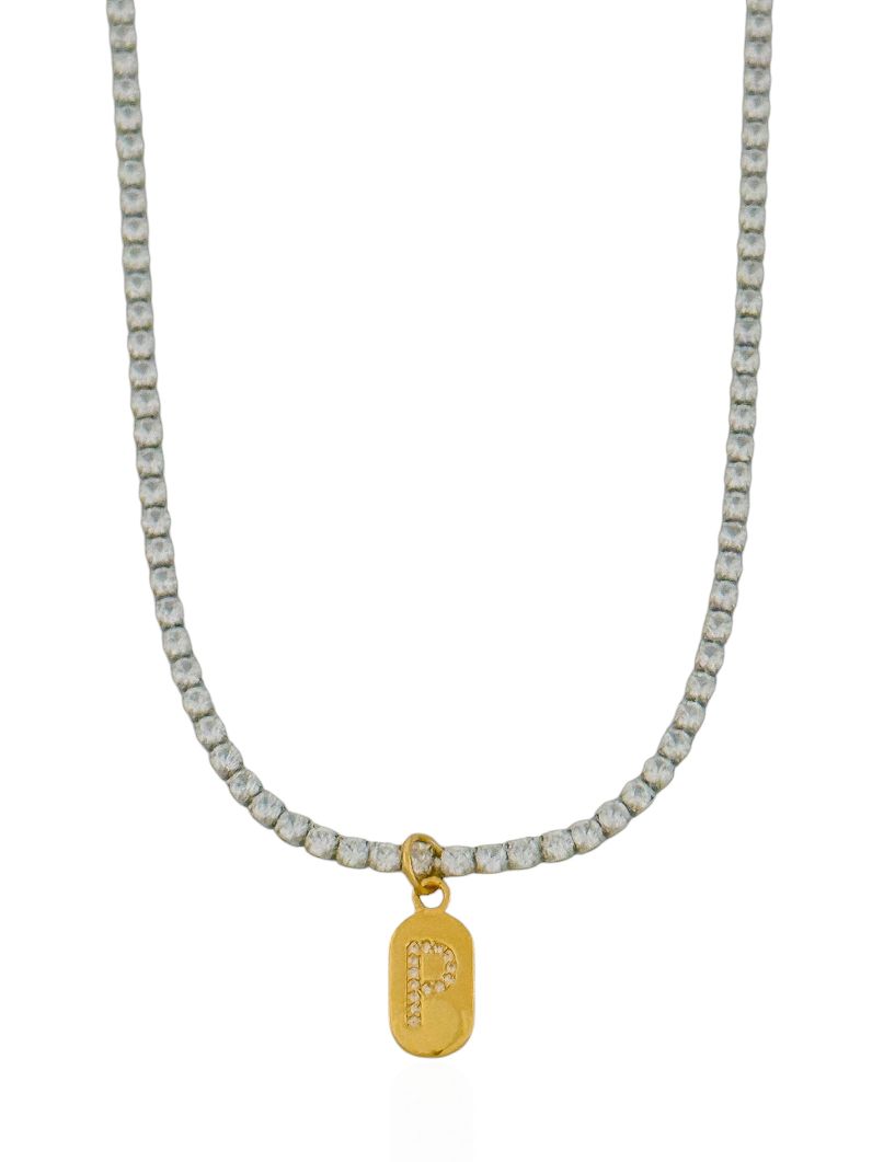 Colar Folheado a Ouro 18k e Prata Riviera Zircôna Com Medalha Inicial