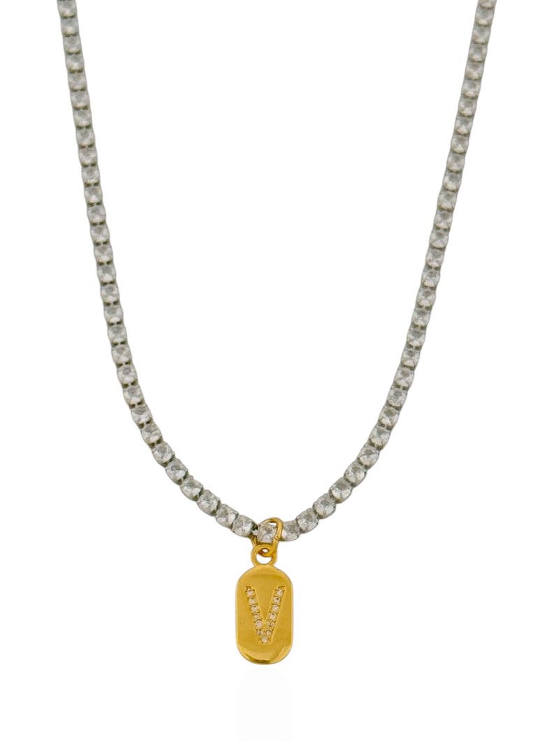 Colar Folheado a Ouro 18k e Prata Riviera Zircôna Com Medalha Inicial
