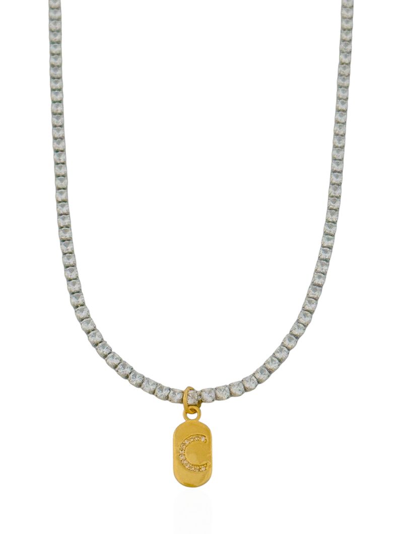 Colar Folheado a Ouro 18k e Prata Riviera Zircôna Com Medalha Inicial