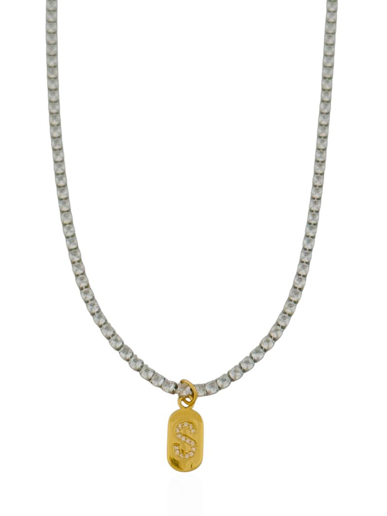 Colar Folheado a Ouro 18k e Prata Riviera Zircôna Com Medalha Inicial