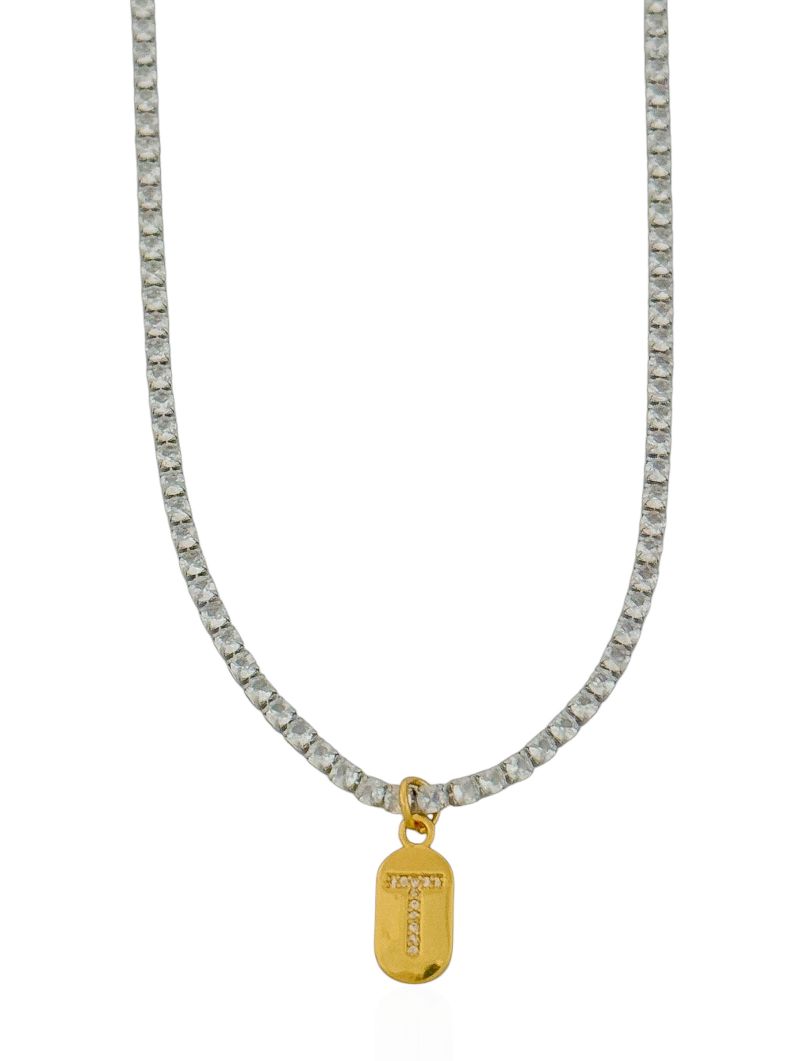 Colar Folheado a Ouro 18k e Prata Riviera Zircôna Com Medalha Inicial