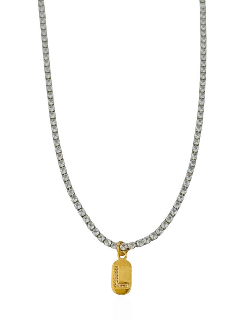 Colar Folheado a Ouro 18k e Prata Riviera Zircôna Com Medalha Inicial