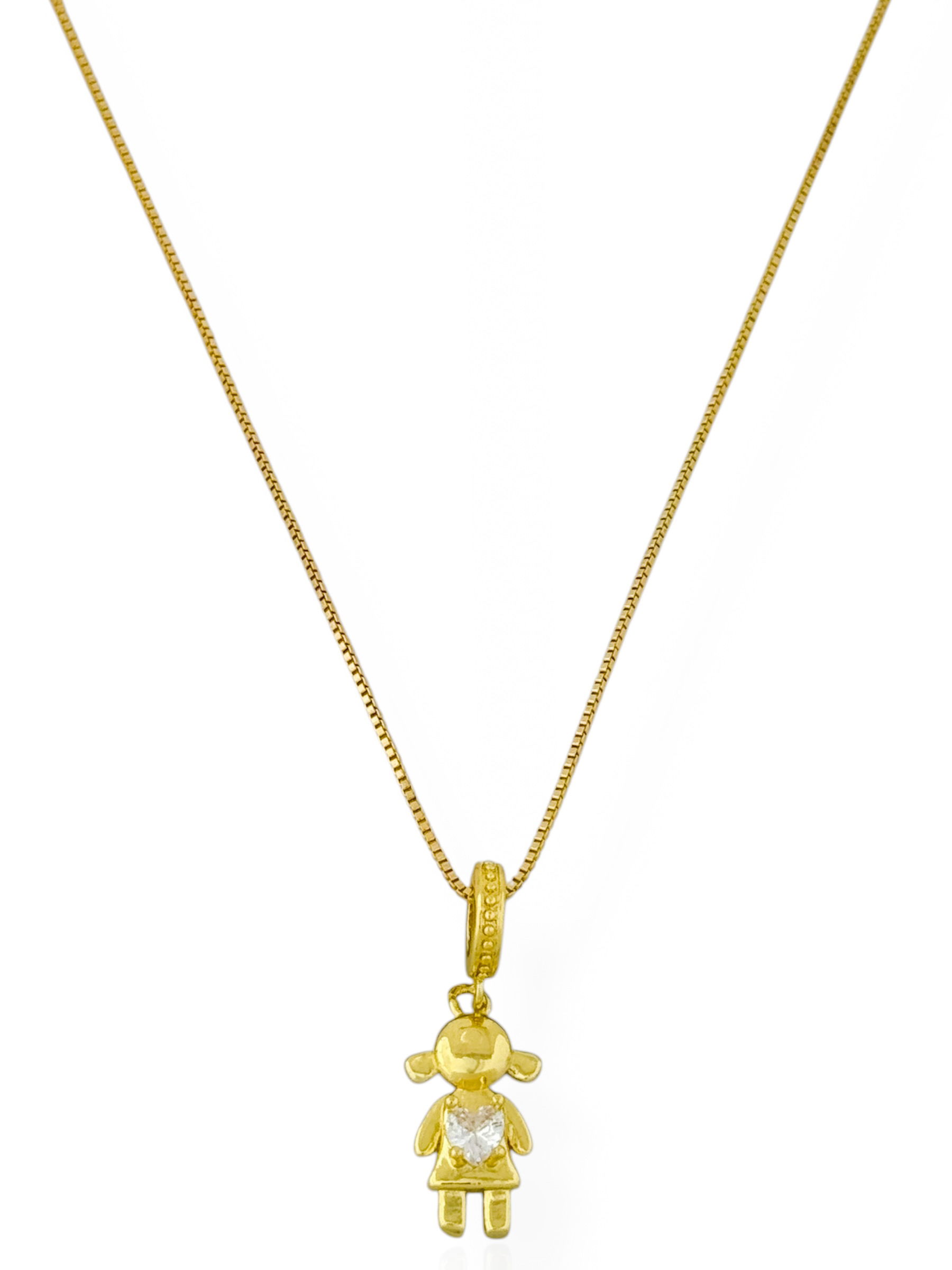 Colar Folheado a Ouro 18k e Prata Veneziana Com Menina e Menina e Coração Cristal