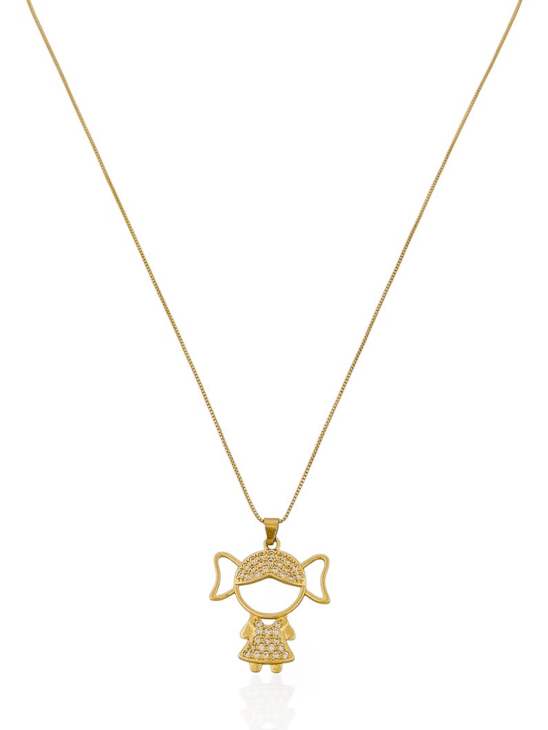 Colar Folheado a Ouro 18k e Prata Veneziana Com Pingente Menina e Menino Cravejado