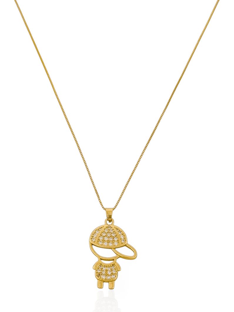 Colar Folheado a Ouro 18k e Prata Veneziana Com Pingente Menina e Menino Cravejado
