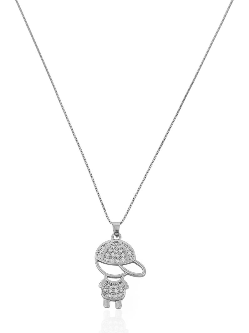 Colar Folheado a Ouro 18k e Prata Veneziana Com Pingente Menina e Menino Cravejado
