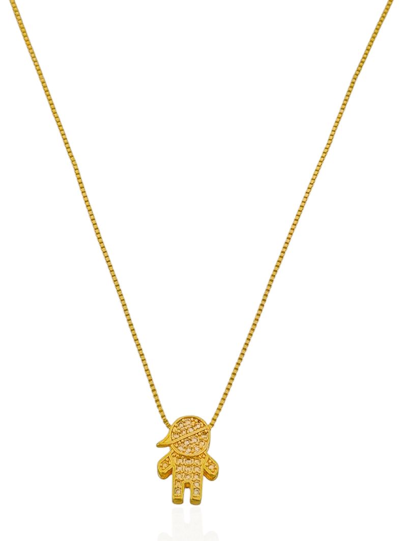 Colar Folheado a Ouro 18k e Prata Veneziana Com Pingente Menina e Menino Cravejado