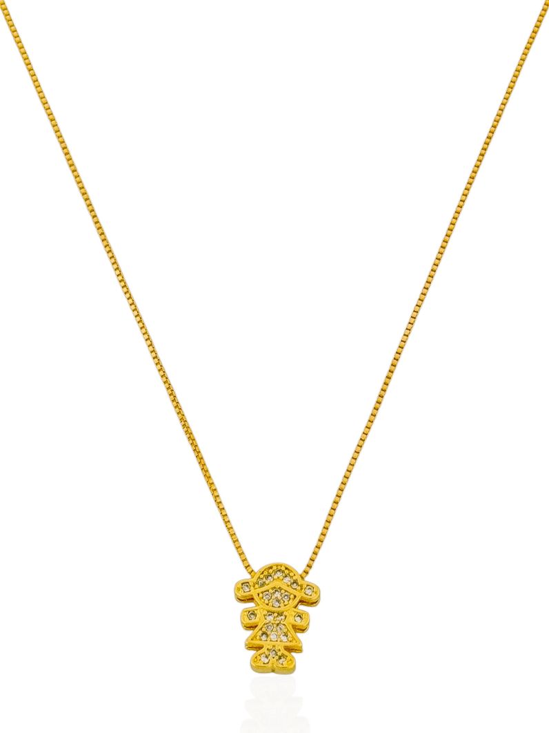 Colar Folheado a Ouro 18k e Prata Veneziana Com Pingente Menina e Menino Cravejado