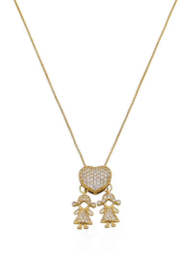 Colar Folheado a Ouro 18k e Prata Veneziana Pingente Crianças Cravejados