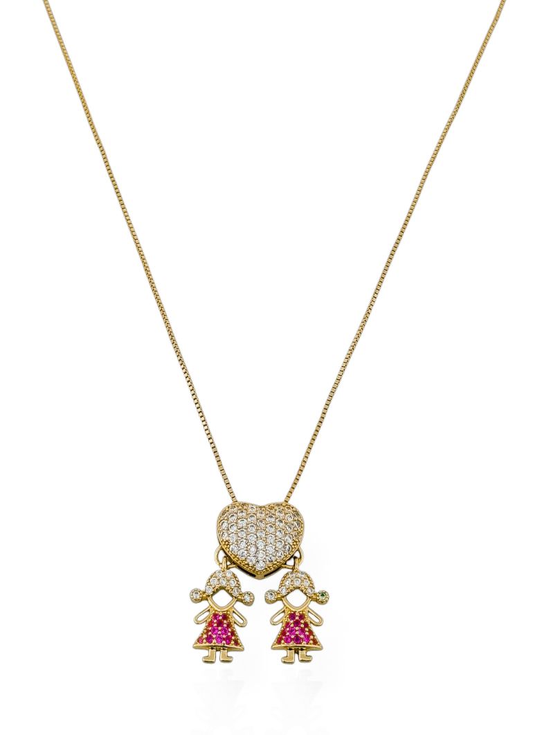 Colar Folheado a Ouro 18k e Prata Veneziana Pingente Crianças Cravejados