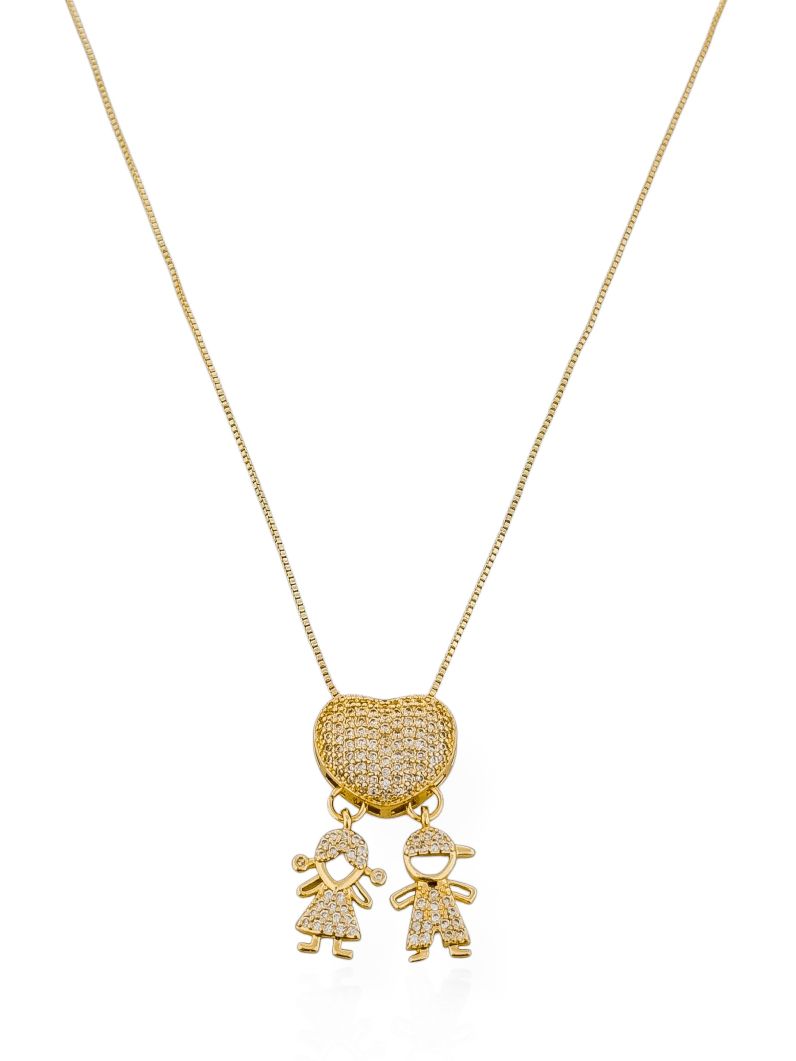 Colar Folheado a Ouro 18k e Prata Veneziana Pingente Crianças Cravejados