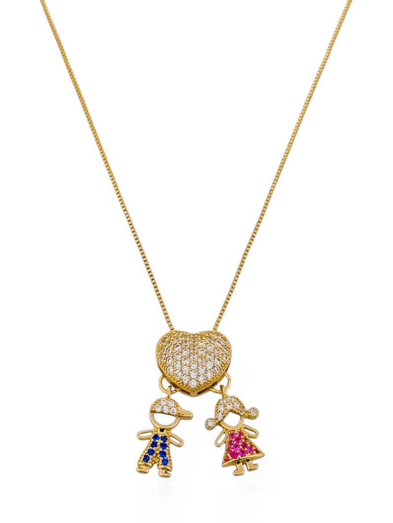 Colar Folheado a Ouro 18k e Prata Veneziana Pingente Crianças Cravejados