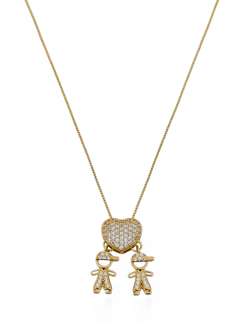 Colar Folheado a Ouro 18k e Prata Veneziana Pingente Crianças Cravejados
