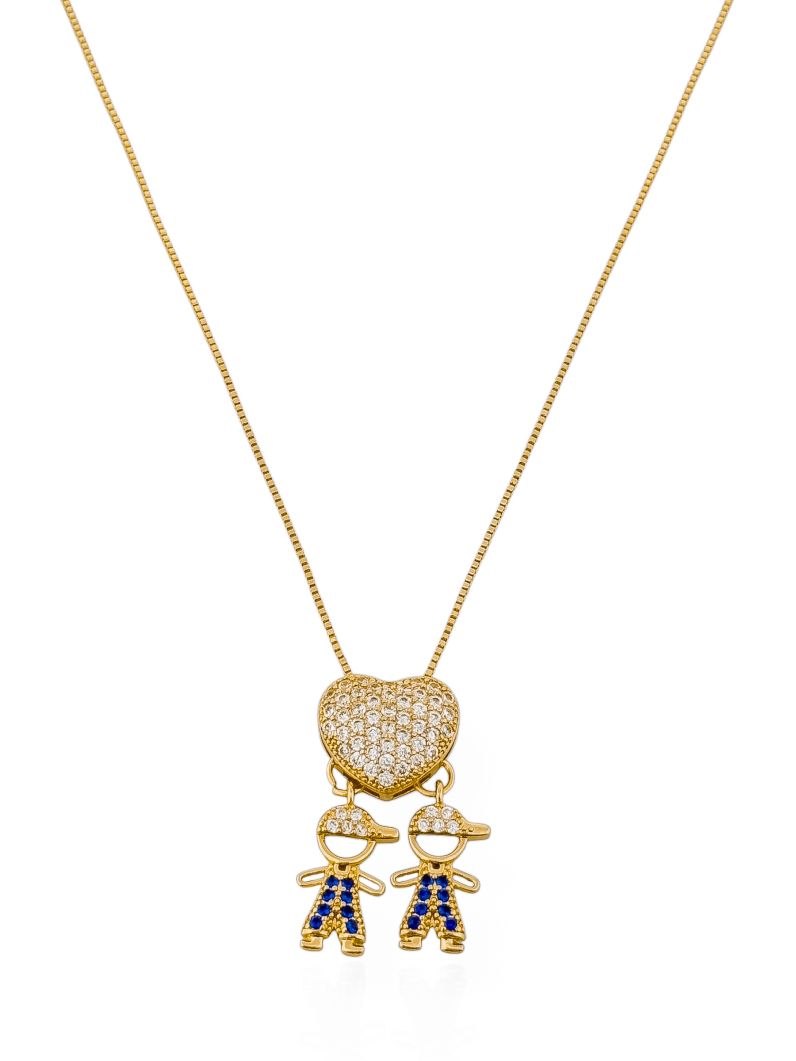 Colar Folheado a Ouro 18k e Prata Veneziana Pingente Crianças Cravejados