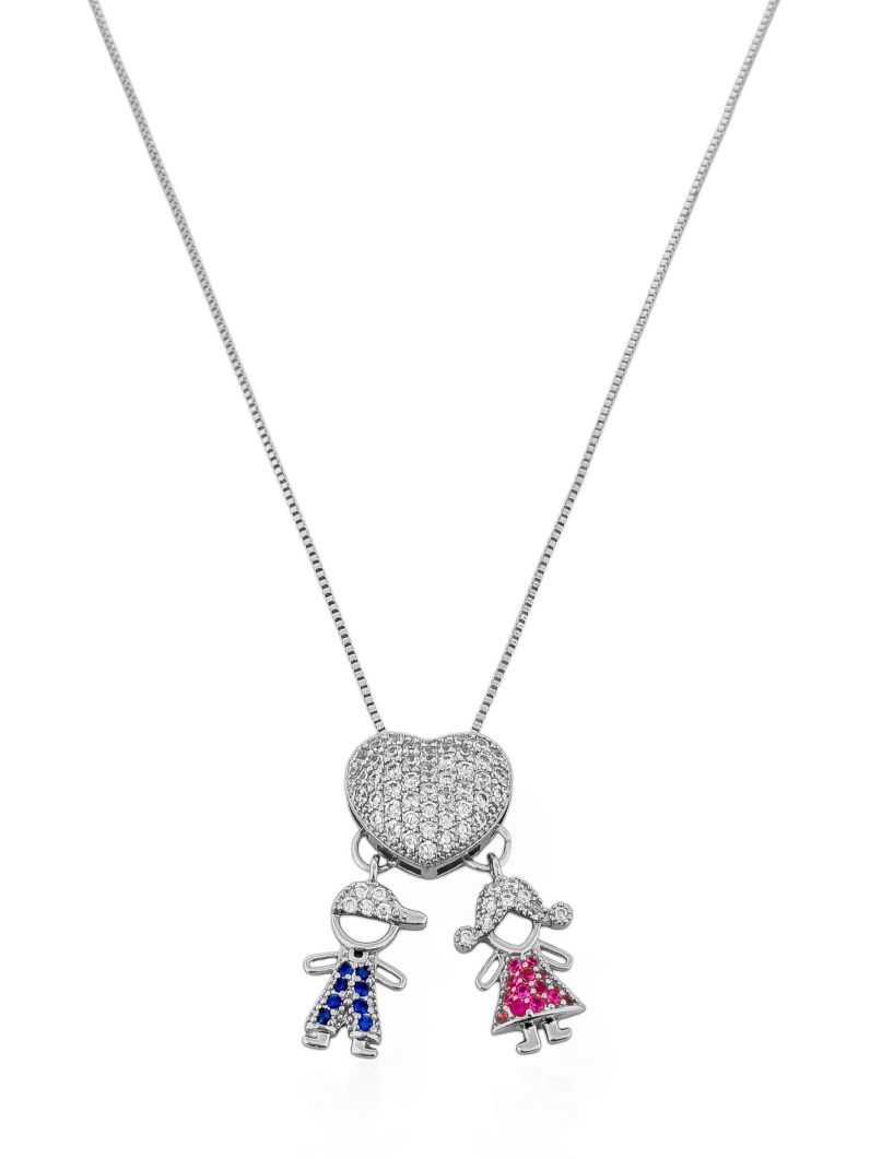 Colar Folheado a Ouro 18k e Prata Veneziana Pingente Crianças Cravejados