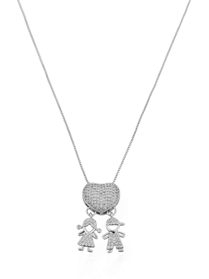Colar Folheado a Ouro 18k e Prata Veneziana Pingente Crianças Cravejados