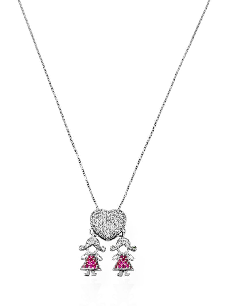 Colar Folheado a Ouro 18k e Prata Veneziana Pingente Crianças Cravejados