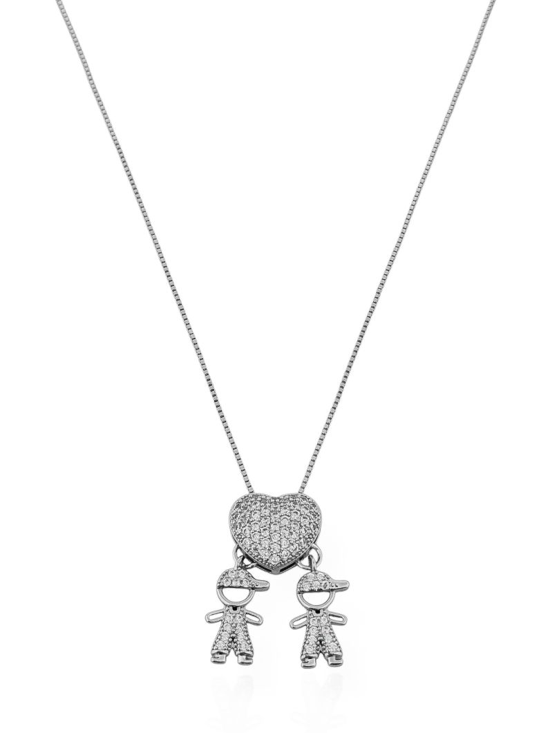 Colar Folheado a Ouro 18k e Prata Veneziana Pingente Crianças Cravejados
