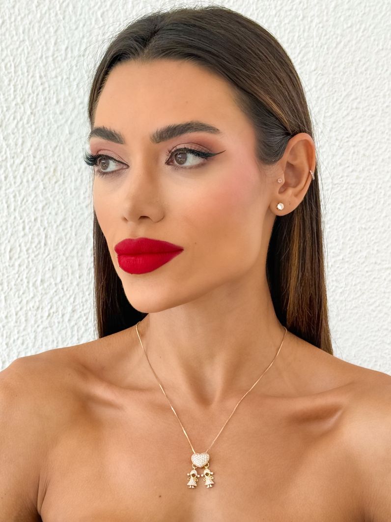 Colar Folheado a Ouro 18k e Prata Veneziana Pingente Crianças Cravejados