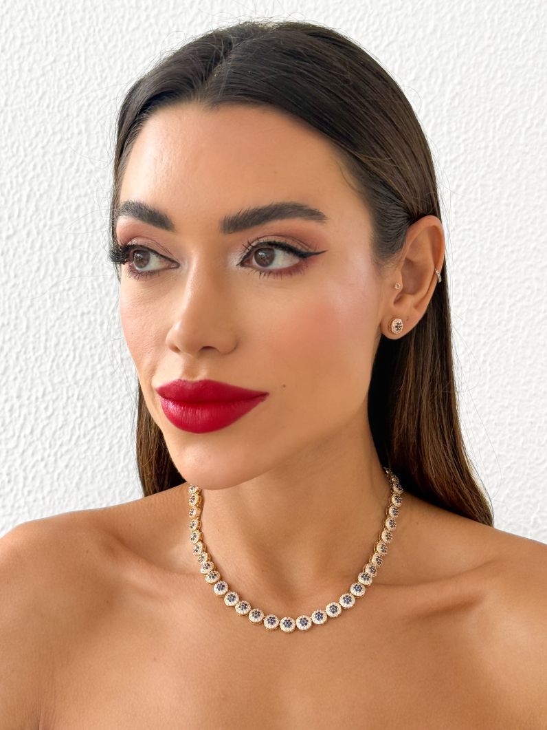 Conjunto Colar e Brinoco Folheado a Ouro 18k e Prata Zirconia Circulo