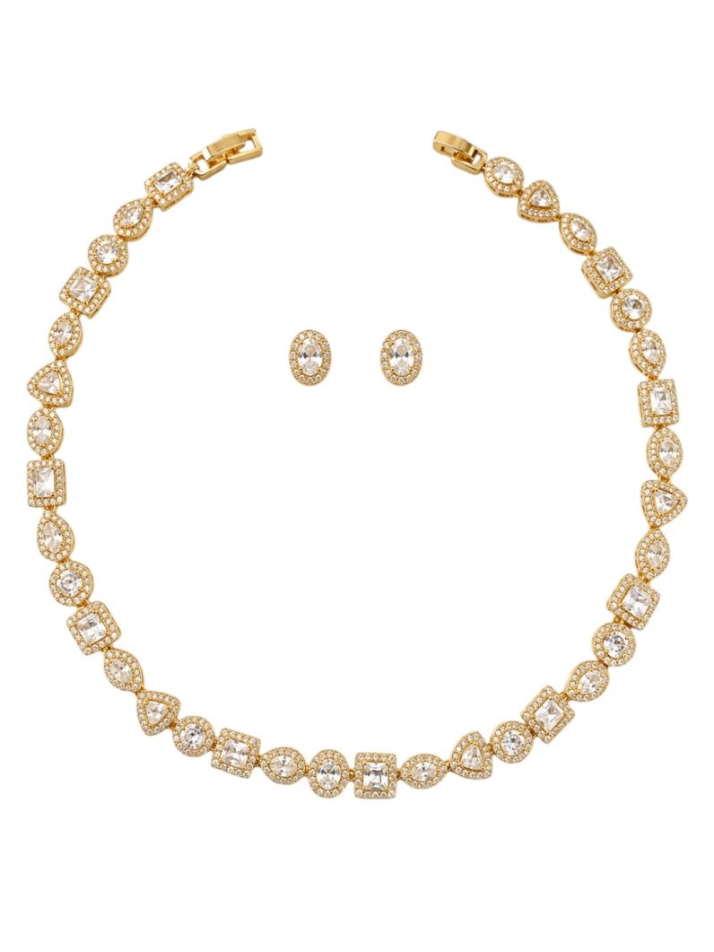 Conjunto Colar e Brinco Folheado a Ouro 18k e Prata Zirconia Quadrada