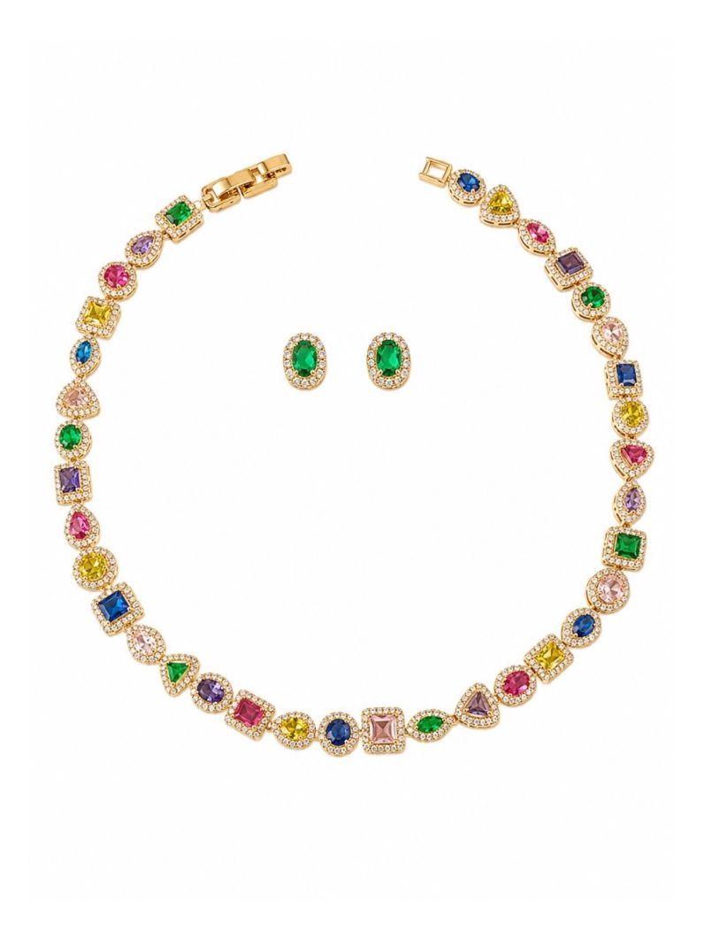 Conjunto Colar e Brinco Folheado a Ouro 18k e Prata Zirconia Quadrada