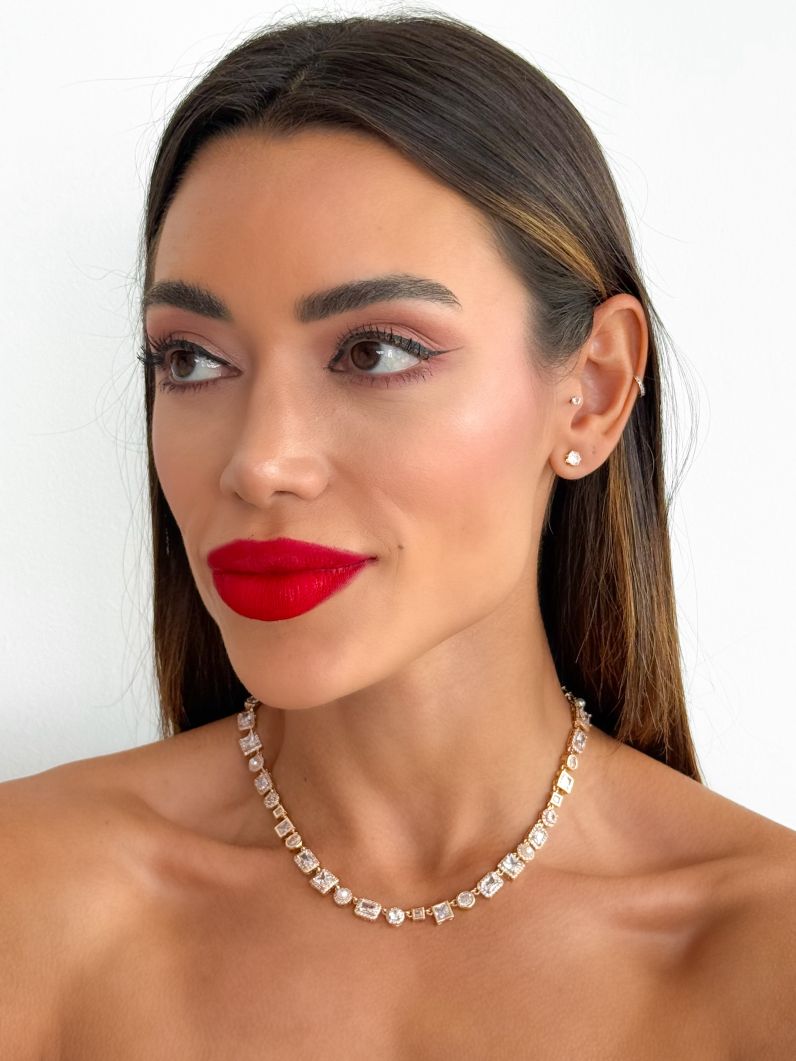 Conjunto Colar e Brinco Folheado a Ouro 18k e Prata Zirconia Quadrada
