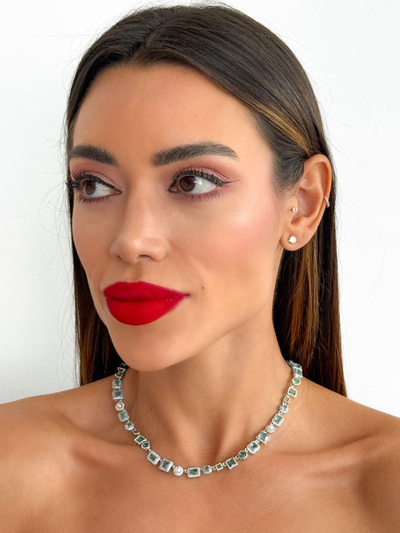 Conjunto Colar e Brinco Folheado a Ouro 18k e Prata Zirconia Quadrada
