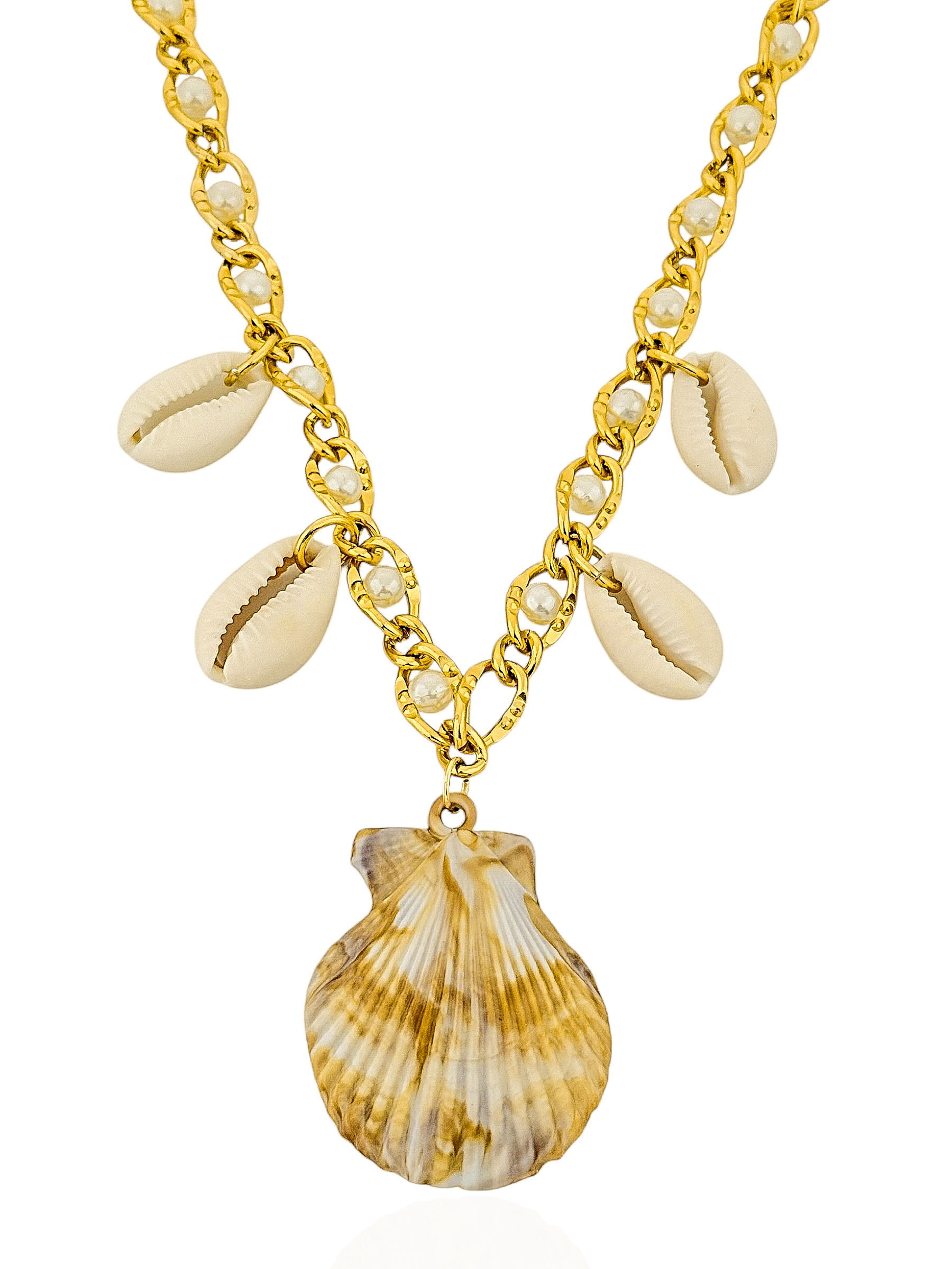 Colar Folheado a Ouro 18k Elos Com Pérolas e Concha