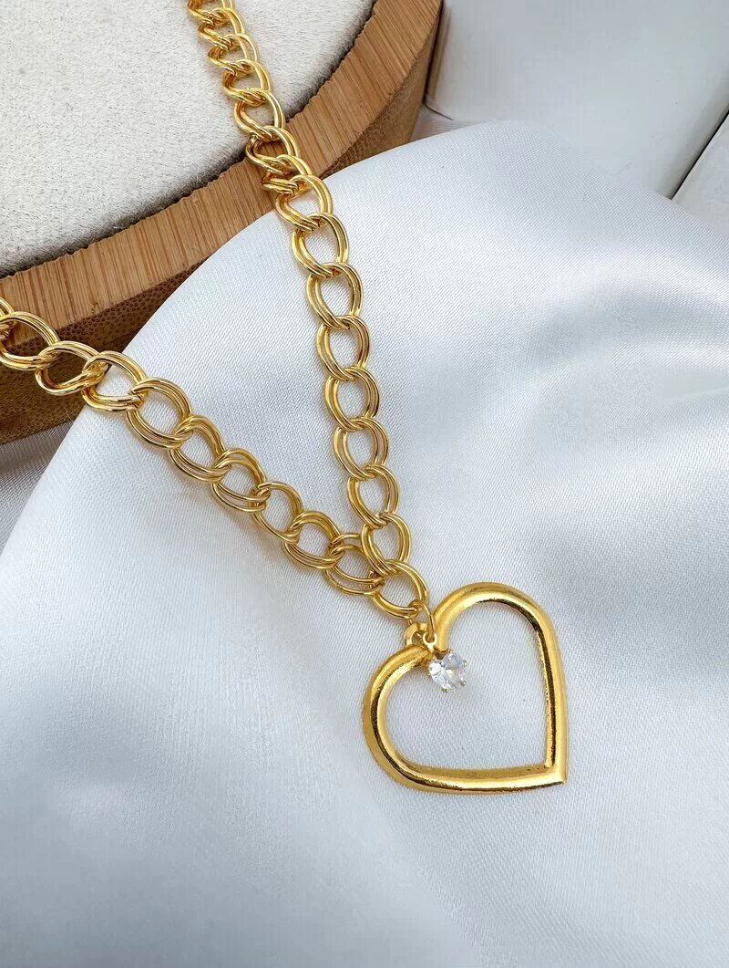 Colar Folheado a Ouro 18k Elos Duplo com Coração e Ponto de Luz