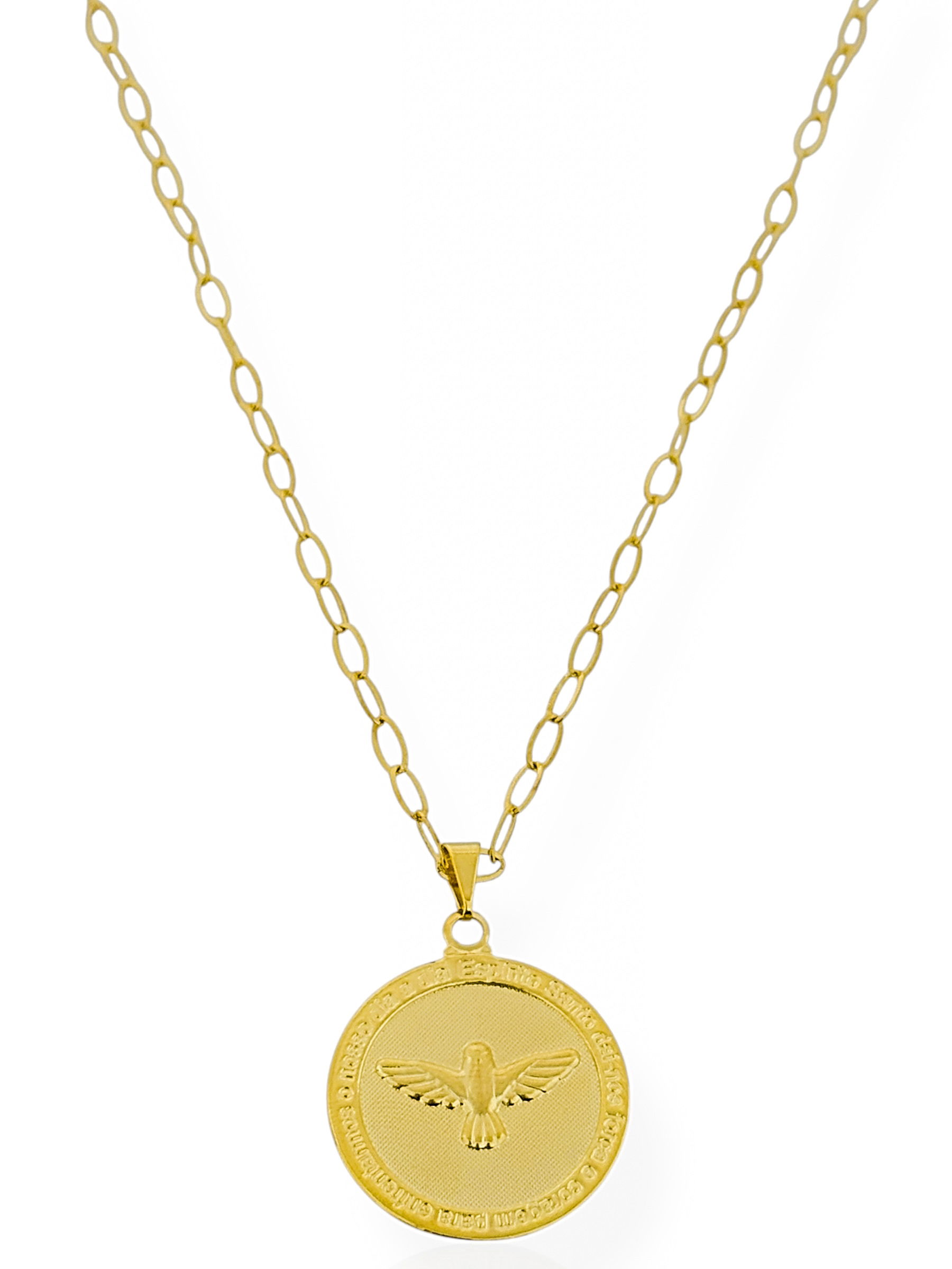 Colar Folheado a Ouro 18k Elos Ovais Pingente Espírito Santo