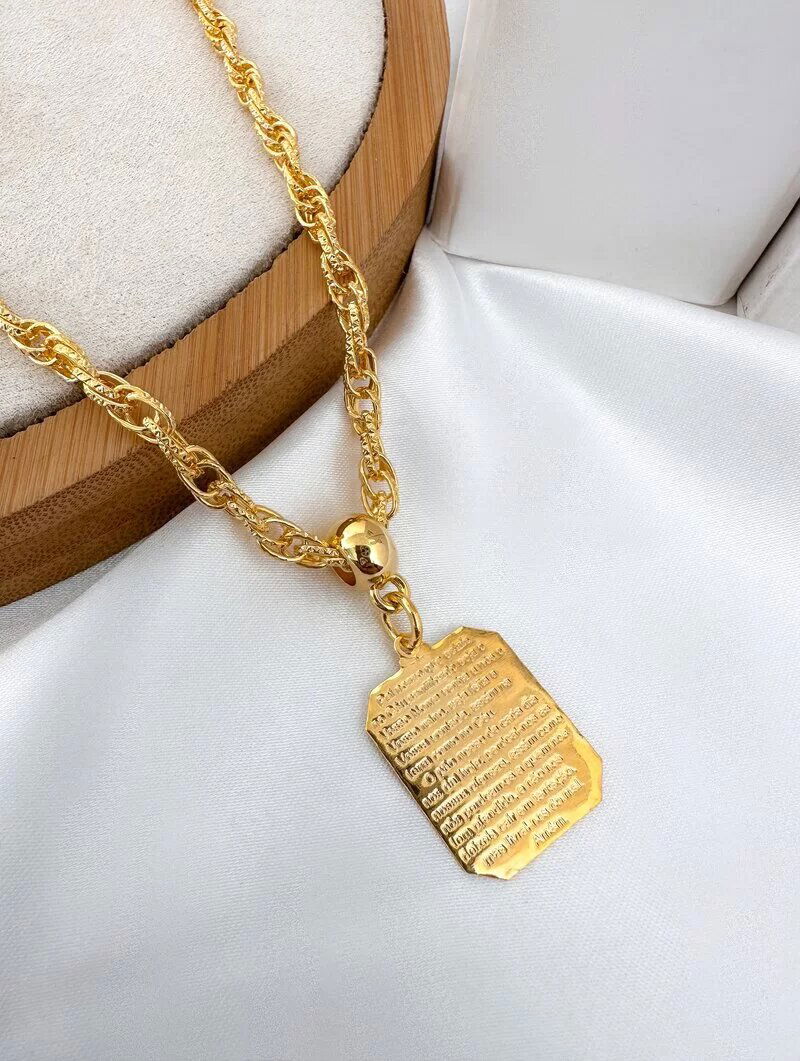 Colar Folheado a Ouro 18k Elos Trabalhados com Plaquinha Pai Nosso